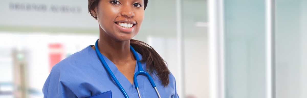 female nurse in blue scrubs