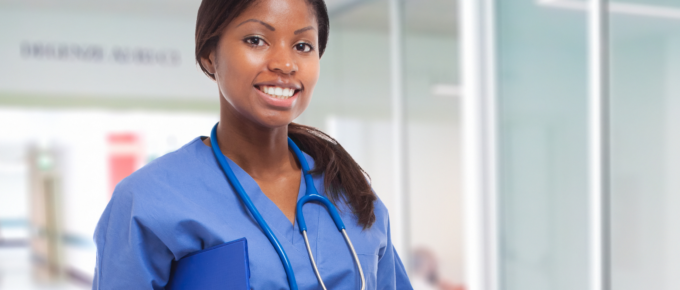 female nurse in blue scrubs